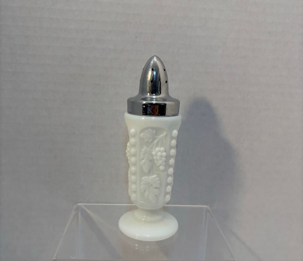 Vintage Footed White Milk Glass Salt & Pepper Shaker Paneled Grapes & Leaves